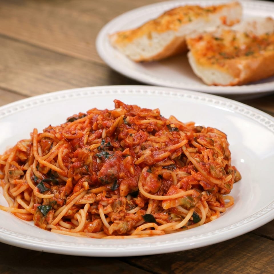 Plate of spaghetti in red tomato sauce with olives and herbs, served alongside toasted garlic bread on a rustic wooden table.