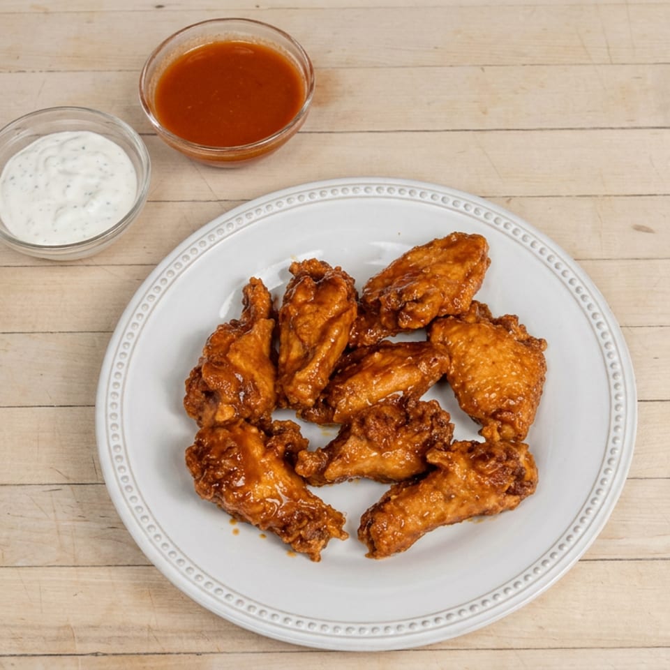 Plate of saucy fried chicken wings with ranch and hot sauce dipping bowls on a rustic wooden table.