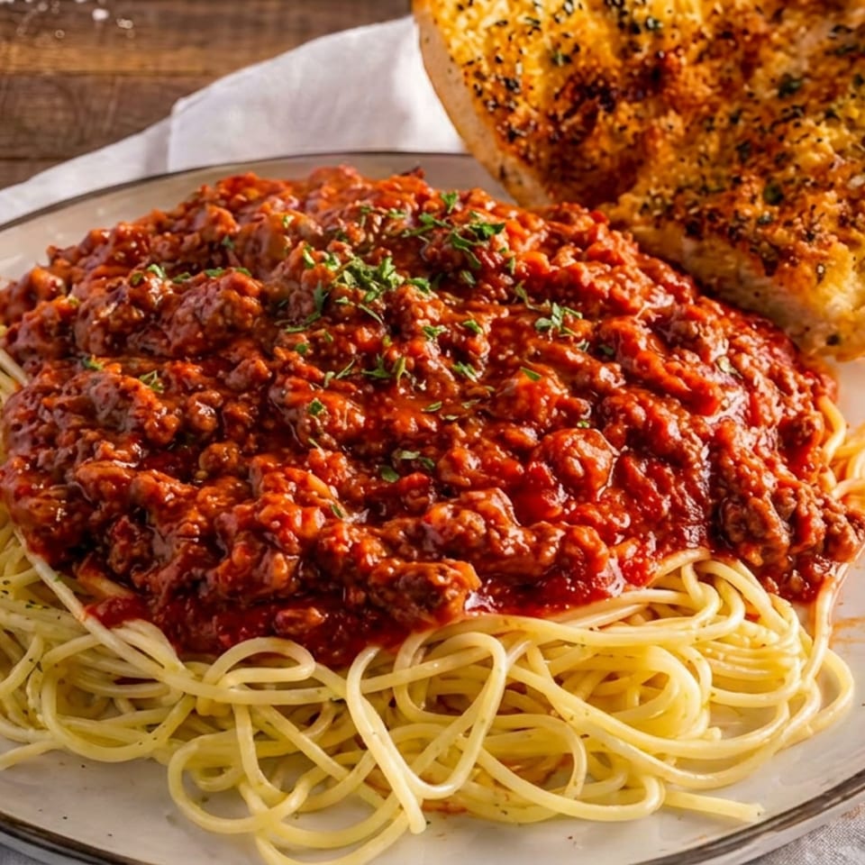 Plate of spaghetti topped with chunky meat sauce, garnished with herbs, alongside a toasted garlic bread slice.