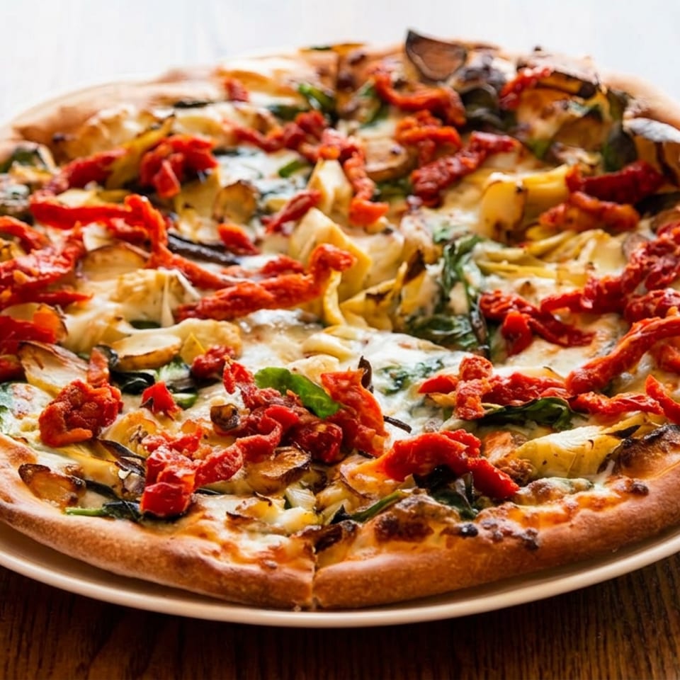 Thin-crust vegetable pizza topped with mushrooms, peppers, leafy greens, melted cheese, and sun-dried tomatoes on a white plate.