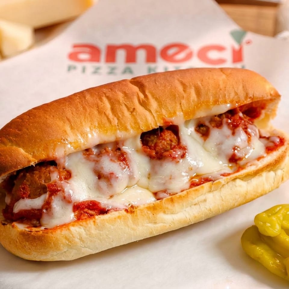 Cheesy meatball sub with tomato sauce on branded Ameci Pizza Kitchen paper, served with pepperoncini and fries in the background.