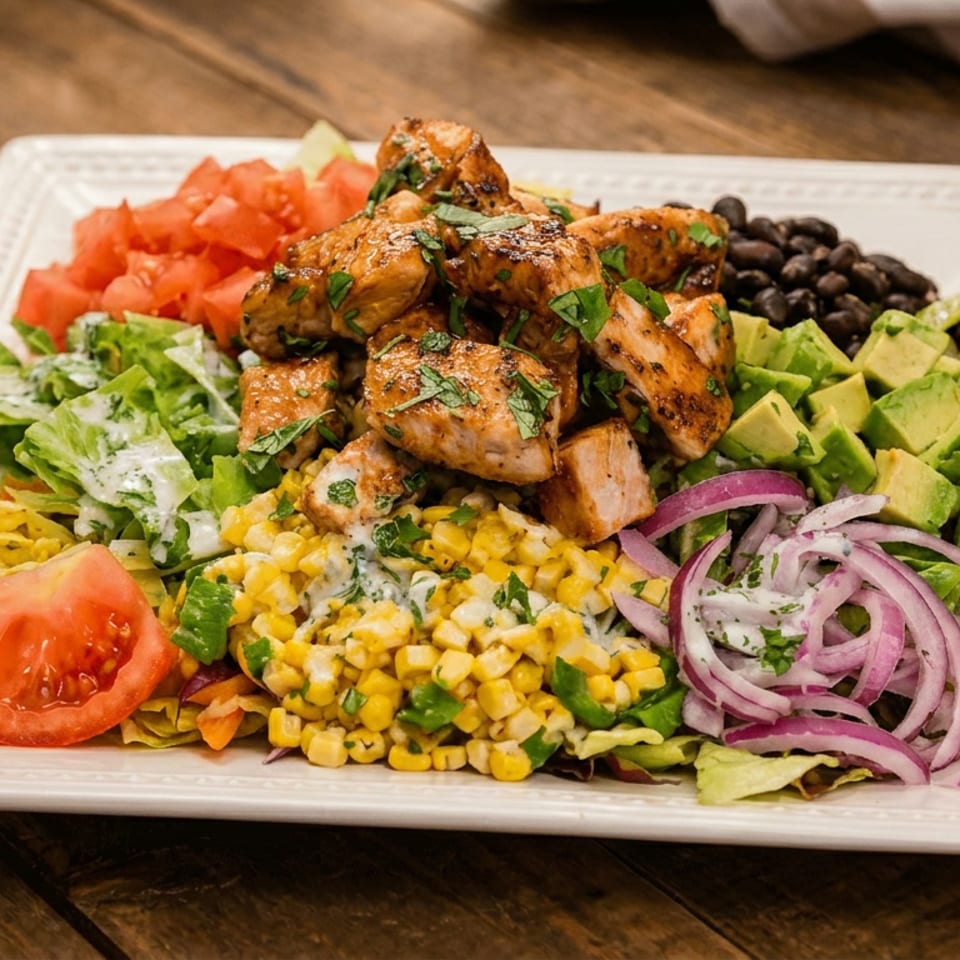 Grilled chicken salad topped with avocado, black beans, corn, tomatoes, lettuce, and red onions on a white plate.