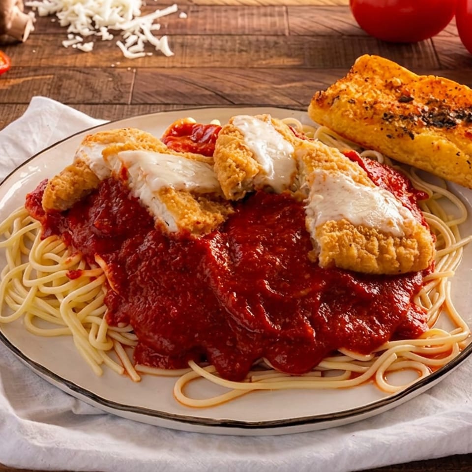 Plate of spaghetti with marinara sauce, breaded chicken topped with melted cheese, and garlic bread on a rustic table.