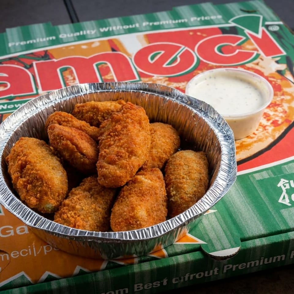 Tray of crispy fried pastries with creamy dipping sauce atop a colorful restaurant pizza box.