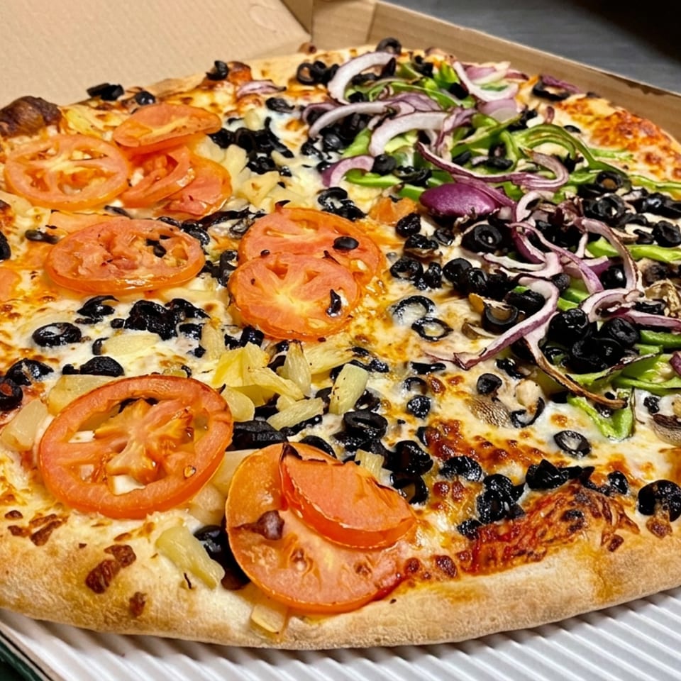 Large rectangular vegetable pizza topped with tomatoes, black olives, green peppers, red onions, mushrooms, and pineapple in an open box.