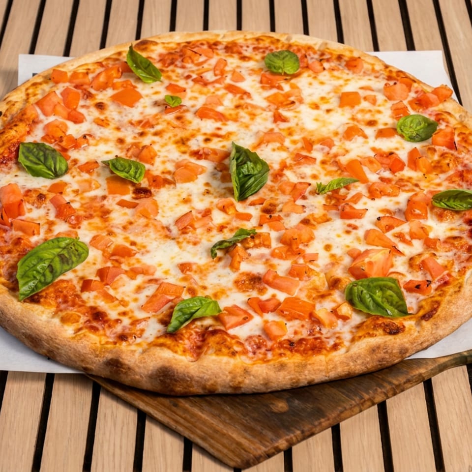 Cheesy tomato and basil pizza on a wooden serving board atop a slatted wooden table.