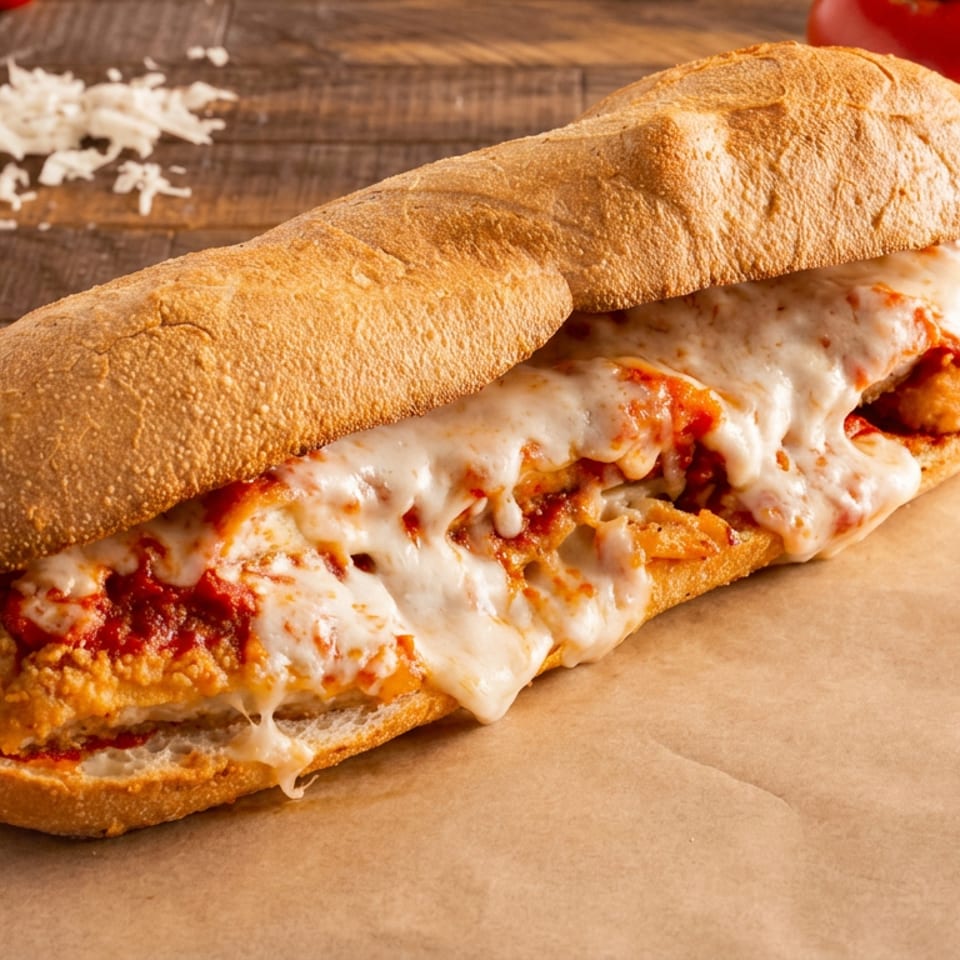 Toasted chicken parmesan sandwich with marinara sauce and melted cheese on a crusty roll, surrounded by tomatoes and grated cheese.