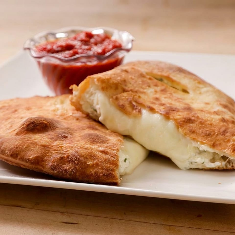 Two golden-brown cheese-filled flatbreads served on a white plate with a bowl of red dipping sauce.