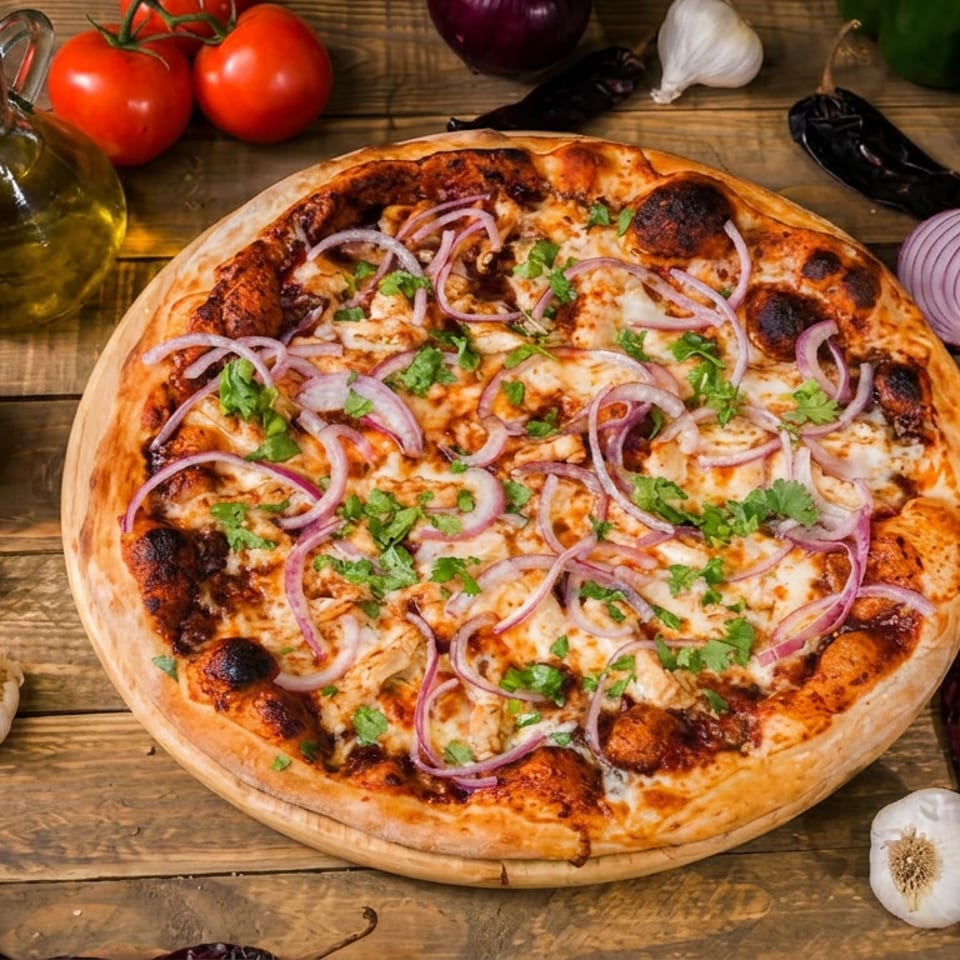 Wood-fired pizza topped with melted cheese, red onion, cilantro, and chicken, surrounded by tomatoes, garlic, peppers, and olive oil.