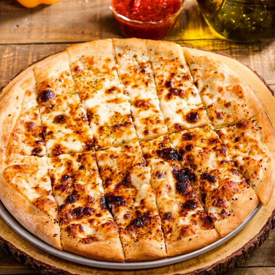 Cheesy, herb-seasoned flatbread sliced into strips on a metal platter, surrounded by garlic, peppers, sauces, and chili flakes on a rustic wooden table.